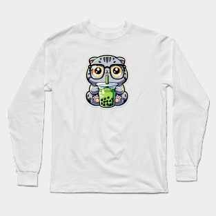 A cute gray cat who likes matcha sticker Long Sleeve T-Shirt